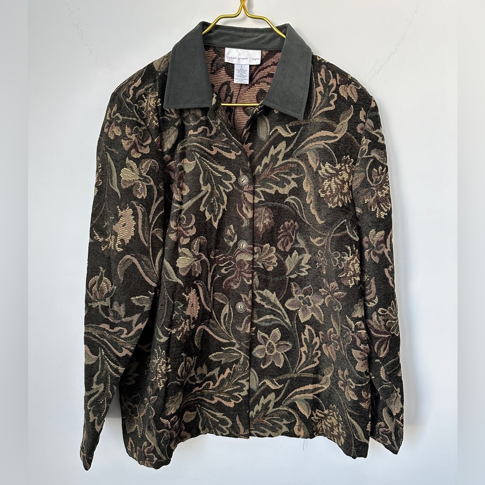 Susan Graver Green Brown Floral Tapestry Button Up Shirt Jacket Women’s Sz Large
